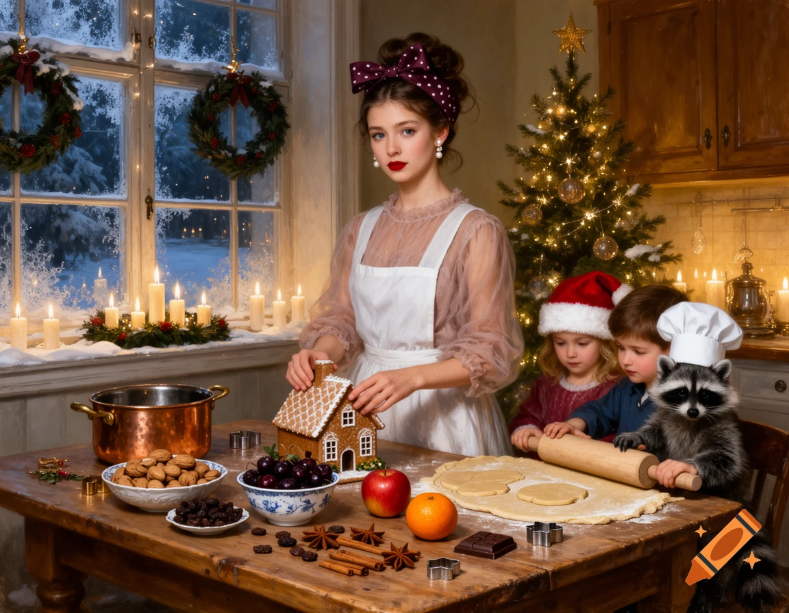A woman, two children, and a raccoon in a chef hat bake Christmas cookies and decorate a gingerbread house in a cozy, candlelit kitchen with a snowy window, oil painting style.
