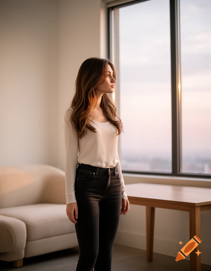 A photorealistic image of a young woman with long brown hair, wearing a white shirt and dark jeans, standing indoors and looking out a large window at sunset.