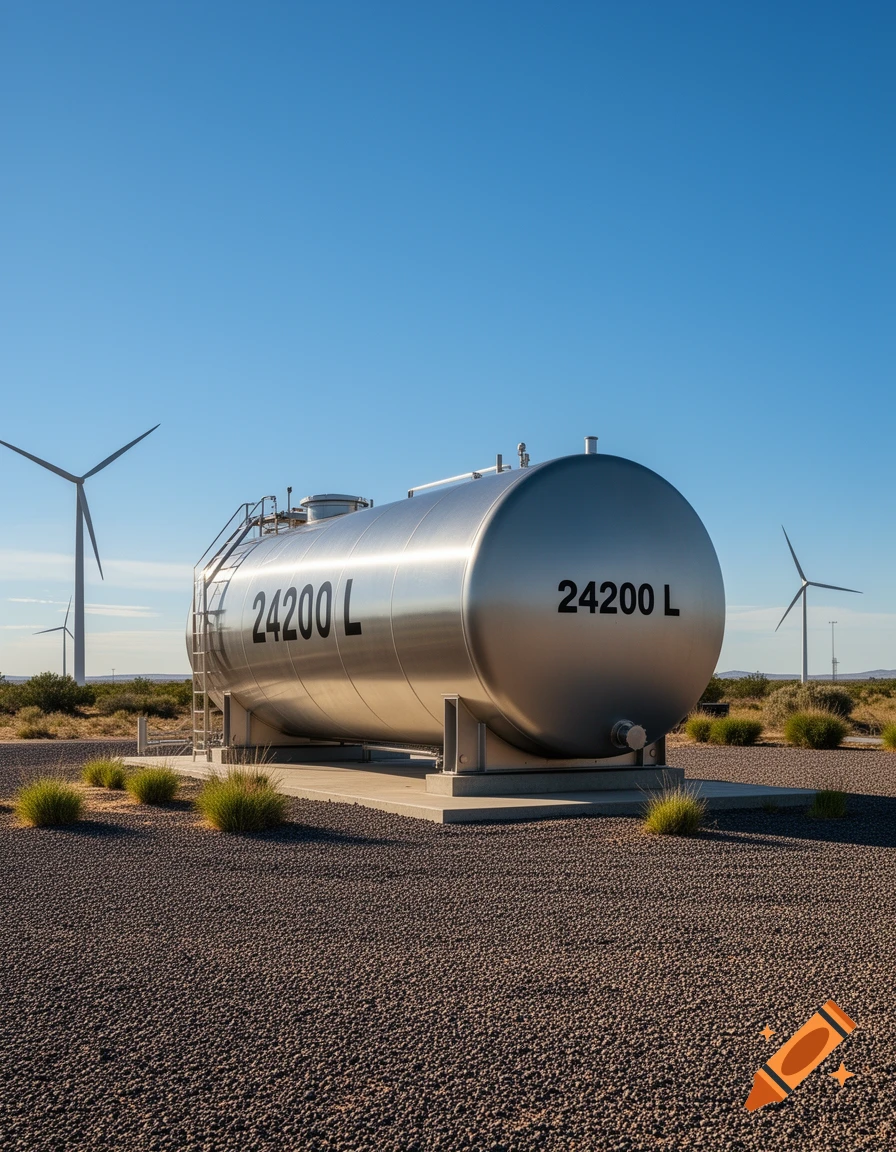 A large silver cylindrical storage tank labeled "24200 L" sits on a gravel ground under a clear blue sky with wind turbines in the distance.