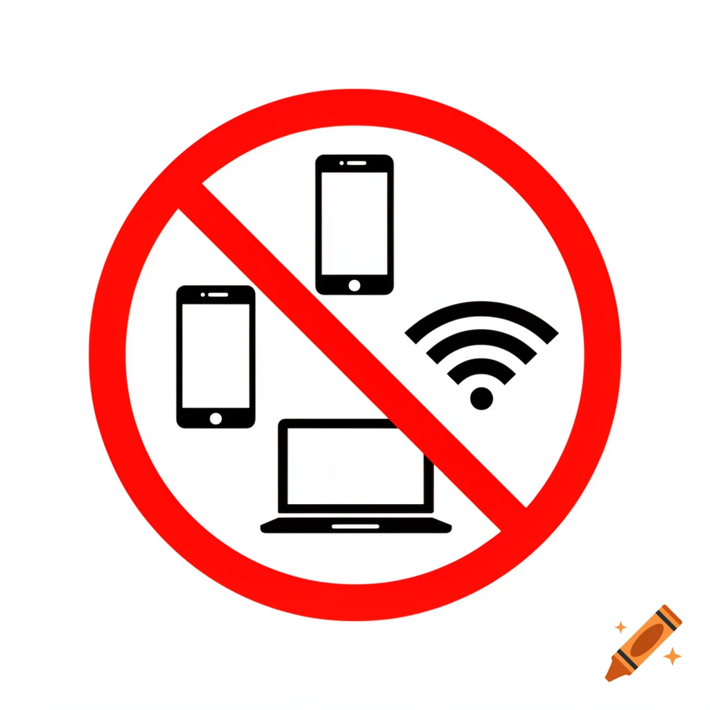 A red prohibition sign with a diagonal slash covering black icons of two smartphones, a laptop, and a Wi-Fi symbol on a white background.