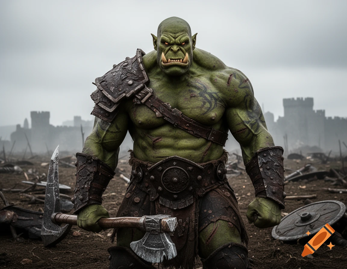 A muscular green orc warrior with tusks, red eyes, and tribal tattoos, wearing armor and holding an axe, stands on a battle-scarred field with castle ruins in the foggy background.