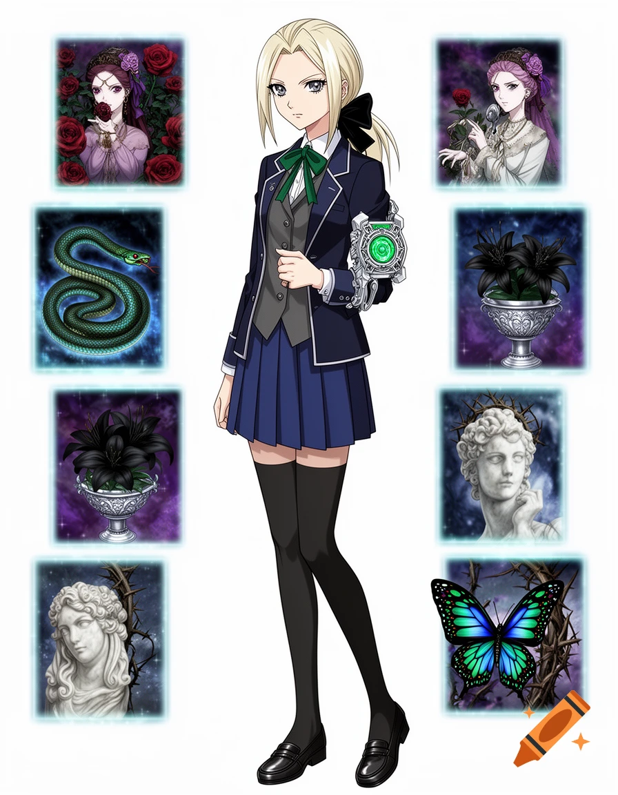Anime character reference sheet of Victoria Ashcroft, a blonde student in a navy uniform with a green tie, surrounded by holographic poison-themed cards including roses, snakes, and lilies.