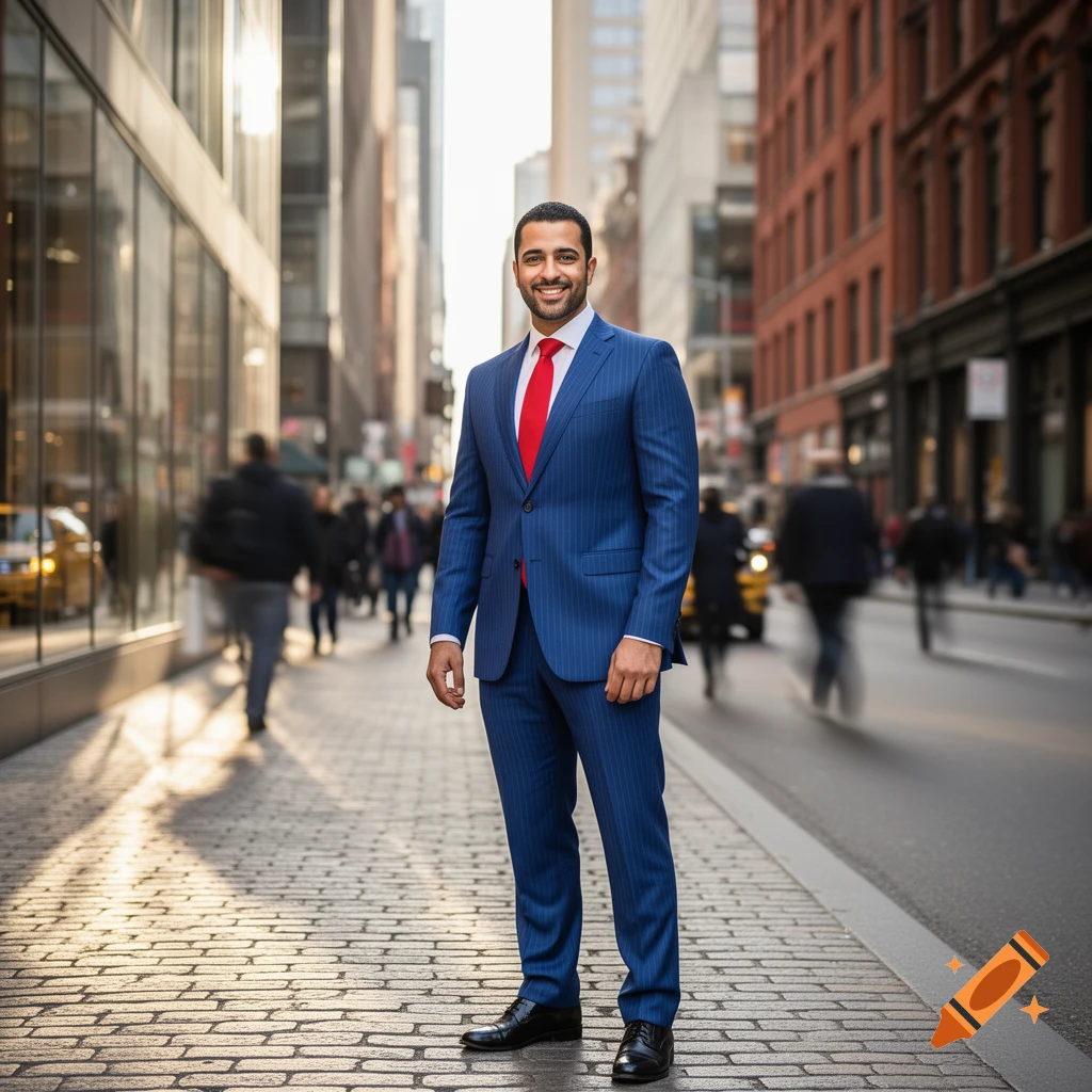 A smiling man in a blue pinstripe suit and red tie stands on a cobblestone street in a sunny city.