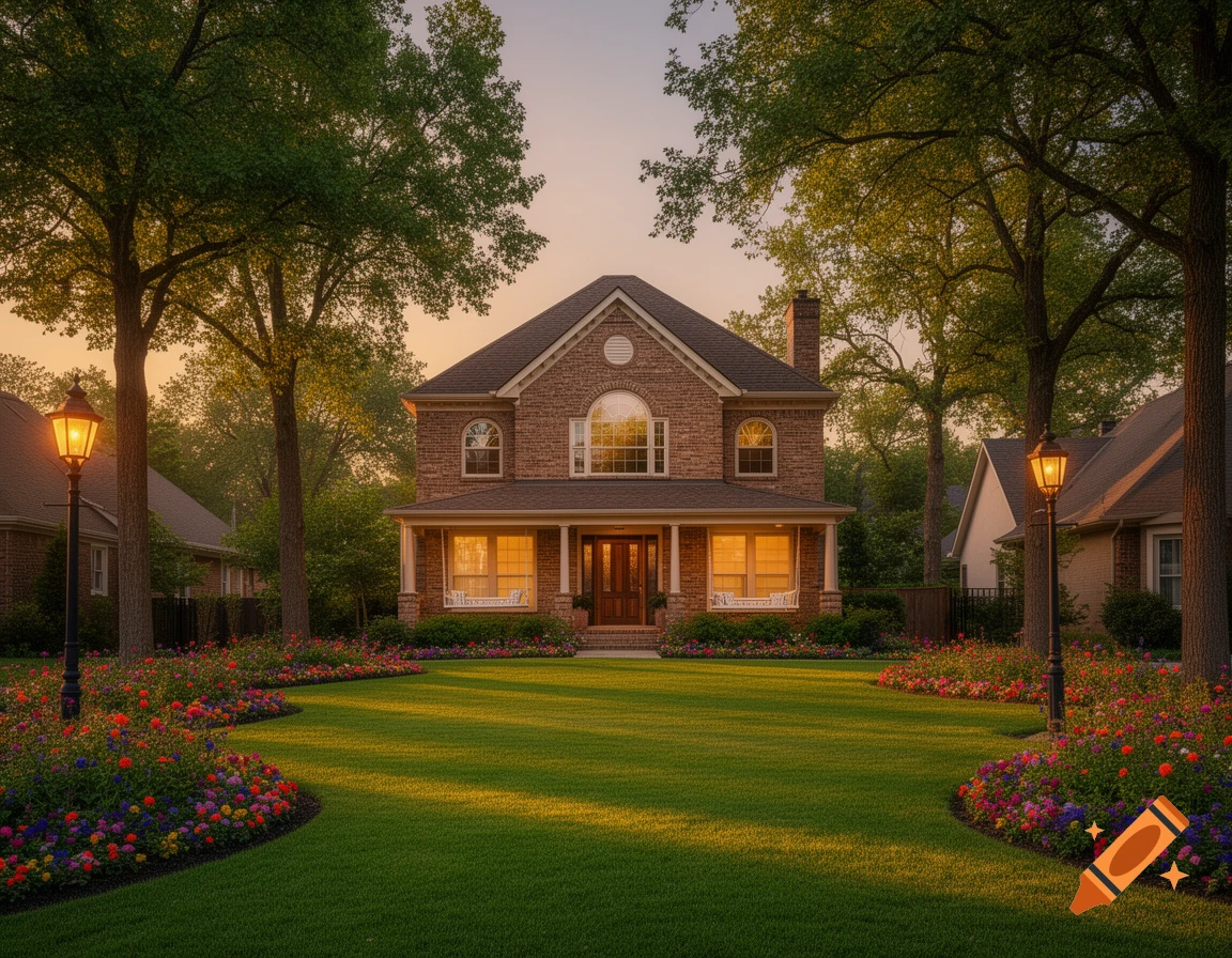 A large brick house with a porch, lush green lawn, and colorful flower beds, framed by trees and street lamps at sunset.