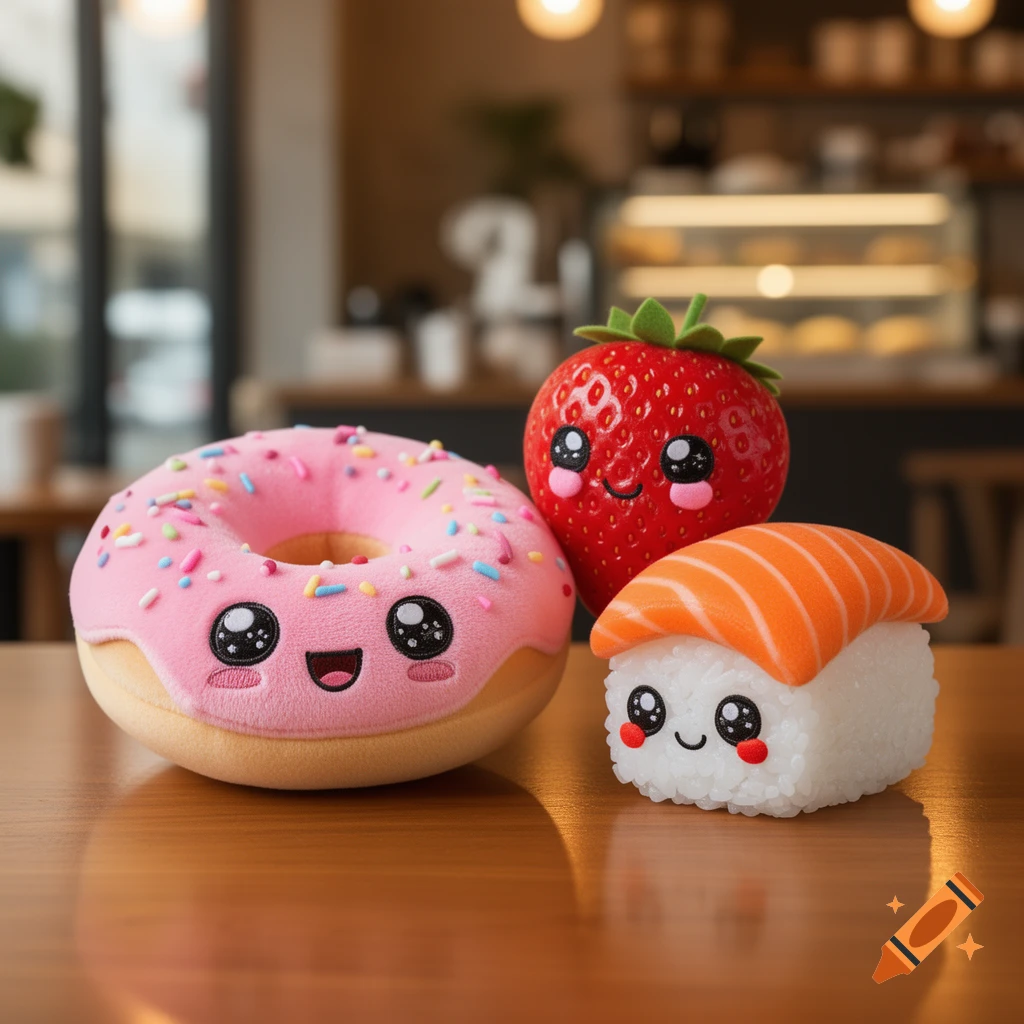 Three cute kawaii plushie-style food items: a pink donut, a red strawberry, and a salmon sushi, sitting on a wooden table with a blurred cafe background.
