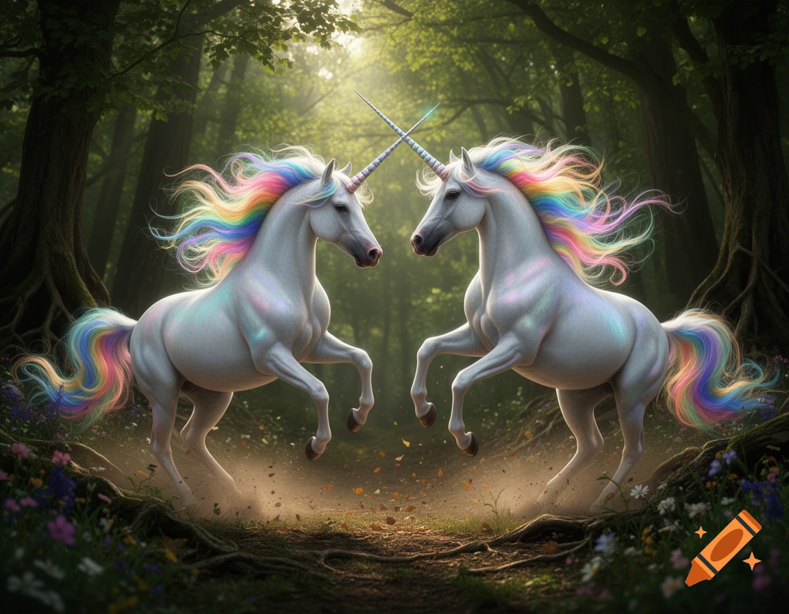 Two majestic white unicorns with rainbow manes and tails rear up, horns crossed, in an enchanted forest with dappled sunlight.