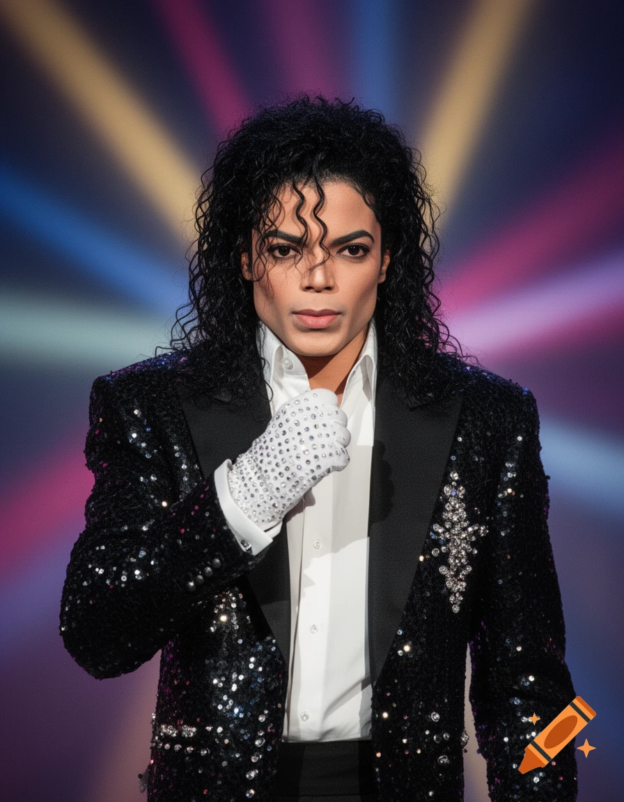 A photorealistic portrait of Michael Jackson in a sequined jacket and white glove, with a colorful striped background.