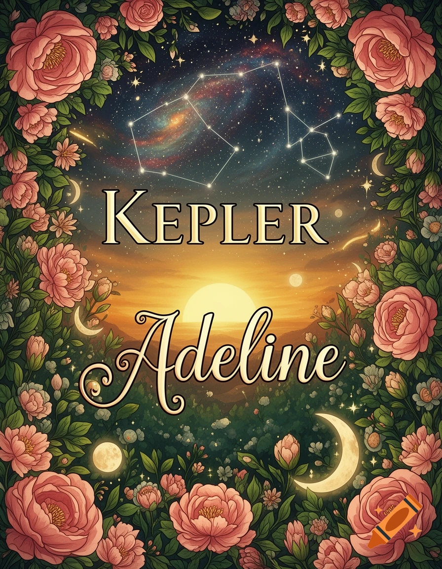 Fantasy illustration with a border of pink roses, constellations, sun, moon, and the names 'KEPLER Adeline' centered.