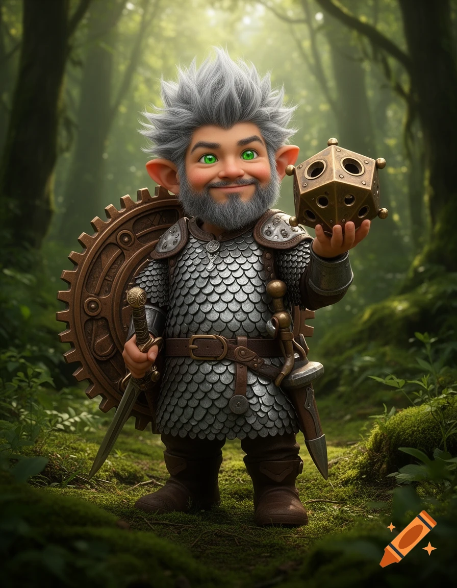 A smiling male gnome with spiky grey hair, green eyes, and a beard, dressed in scale mail, holding a bronze dodecahedron, with a gear-shaped shield on his back, standing in a forest.