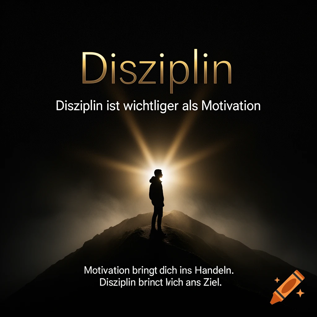 A dark, minimalist podcast cover featuring a person's silhouette atop a mountain, with golden light rays emanating from behind them. German text about discipline and motivation is overlaid.