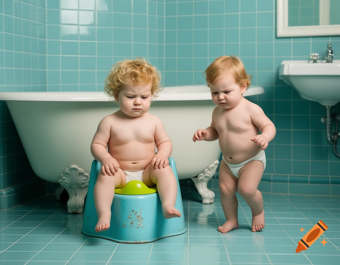 Two photorealistic babies in a tiled aqua bathroom, one on a blue potty, the other standing nearby.