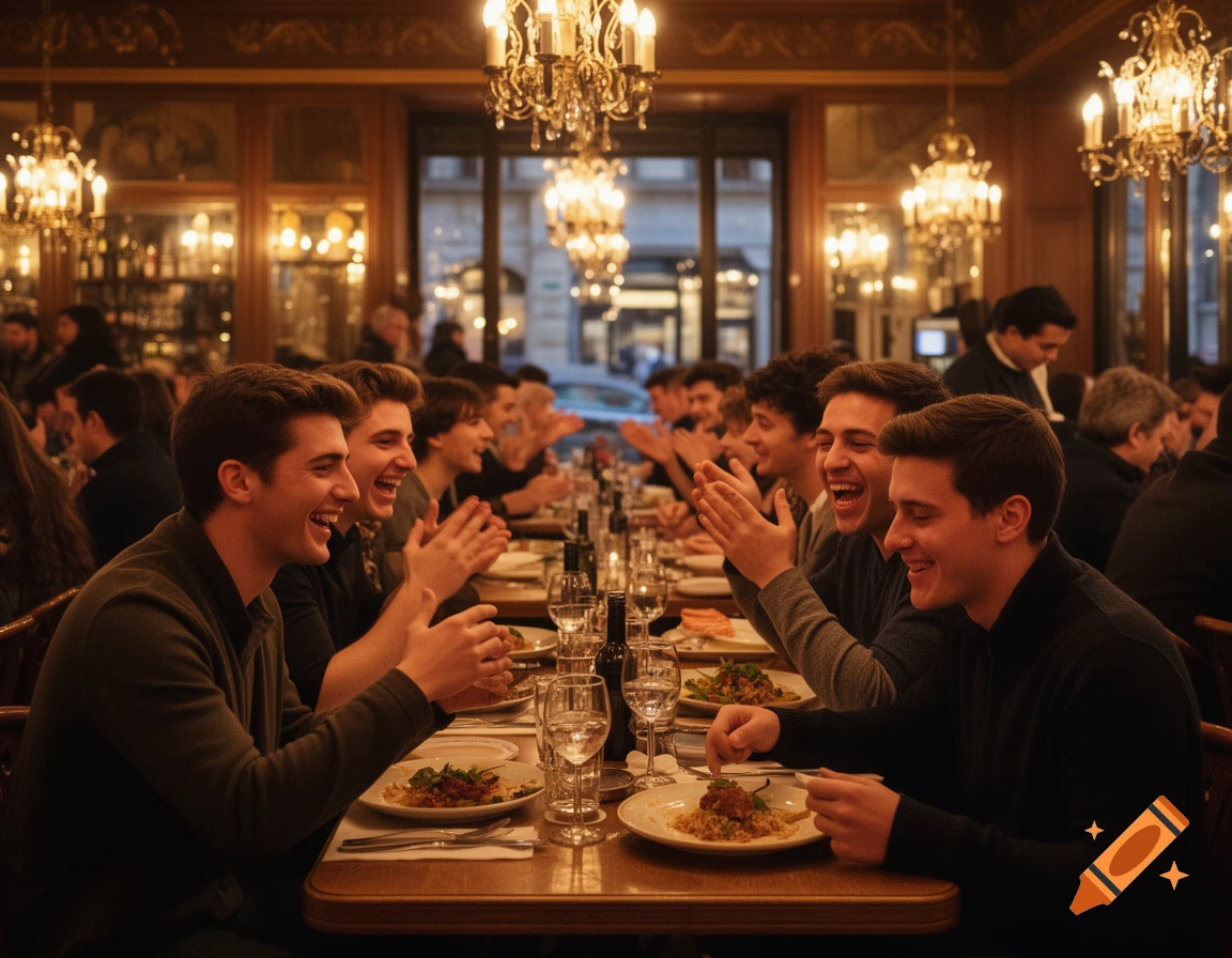 A group of young men laughing and clapping at a long dining table in a warmly lit, elegant restaurant.