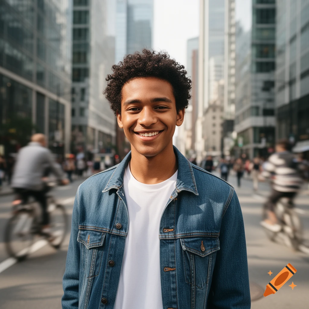A smiling young man with curly hair wearing a denim jacket and white t-shirt stands in a busy city street.