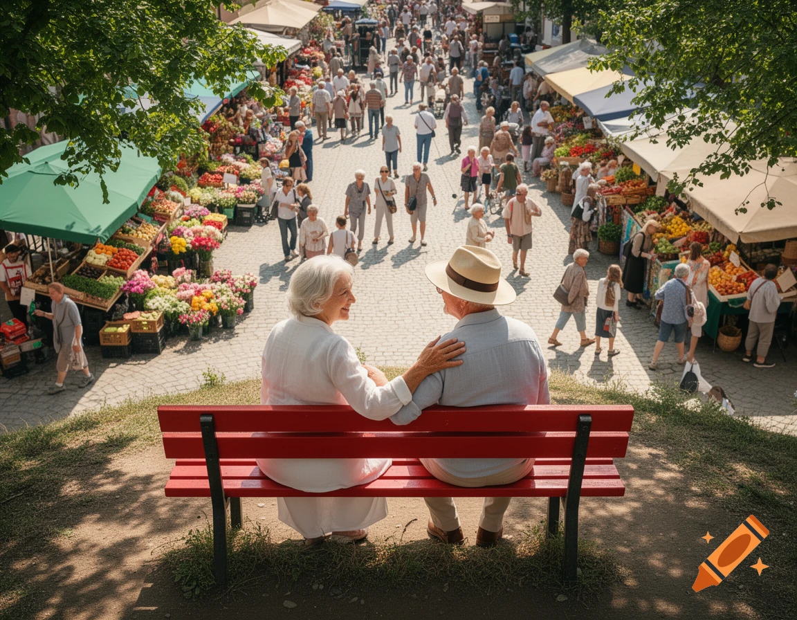 Elderly couple sits on a red bench overlooking a bustling outdoor market filled with people, fruit, and flowers on a sunny day.