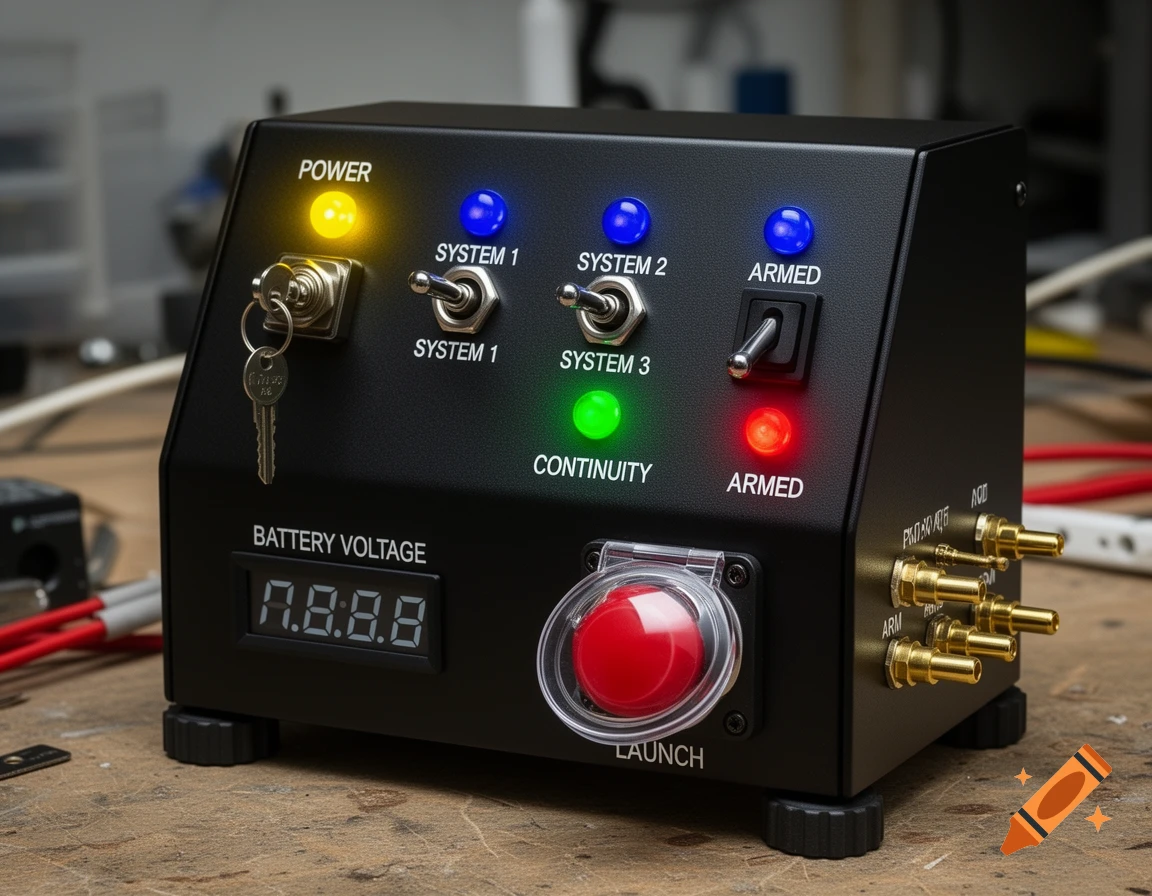 A black custom model rocket launch console with multiple illuminated buttons, toggle switches, a key switch, a digital display, and gold banana jacks on a workbench.
