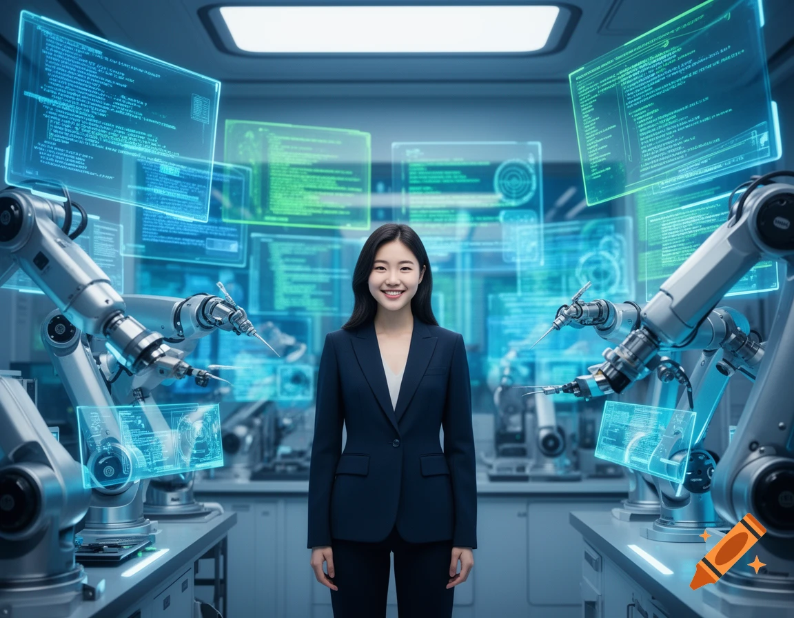A smiling Korean software engineer stands in a futuristic laboratory, surrounded by robotic arms and glowing holographic screens displaying code.