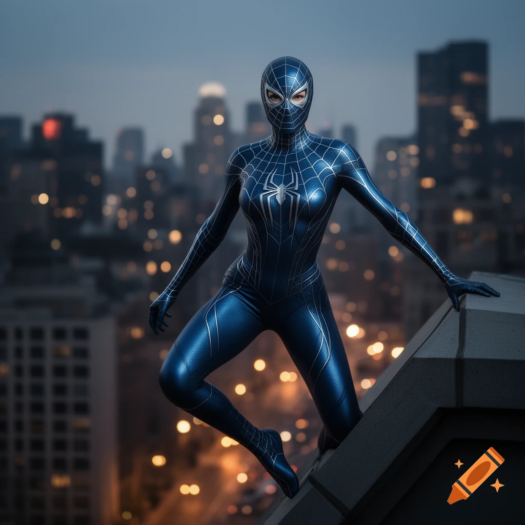 Photorealistic Spider-Woman in a dark blue and silver suit crouched on a city rooftop at dusk.