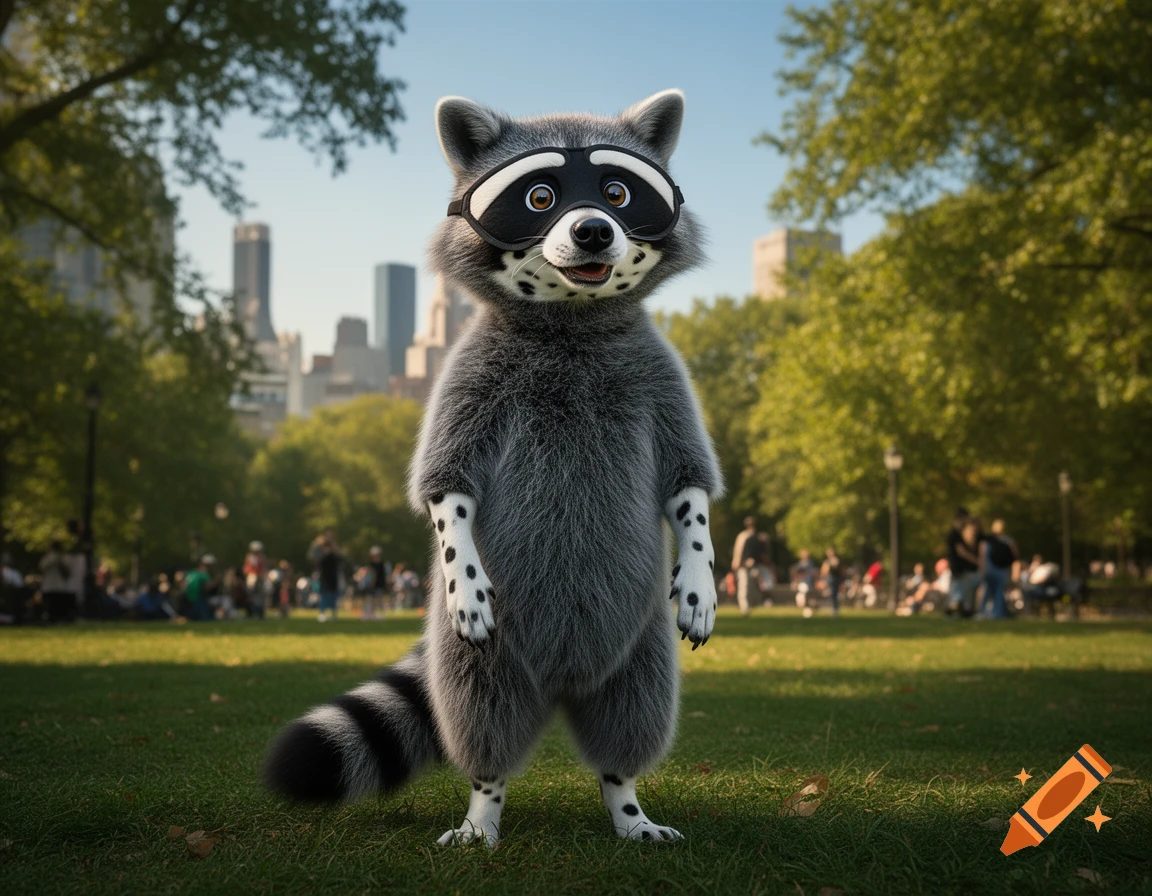 Photorealistic anthropomorphic raccoon with dalmatian spots standing in a grassy city park.
