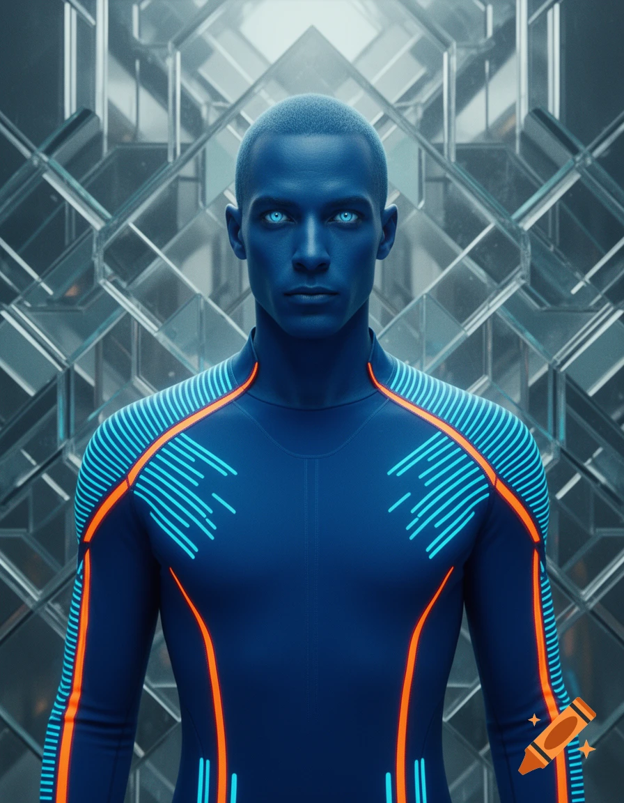 A blue-skinned man with glowing blue eyes in a dark blue futuristic suit with orange and light blue accents stands before a geometric glass background.