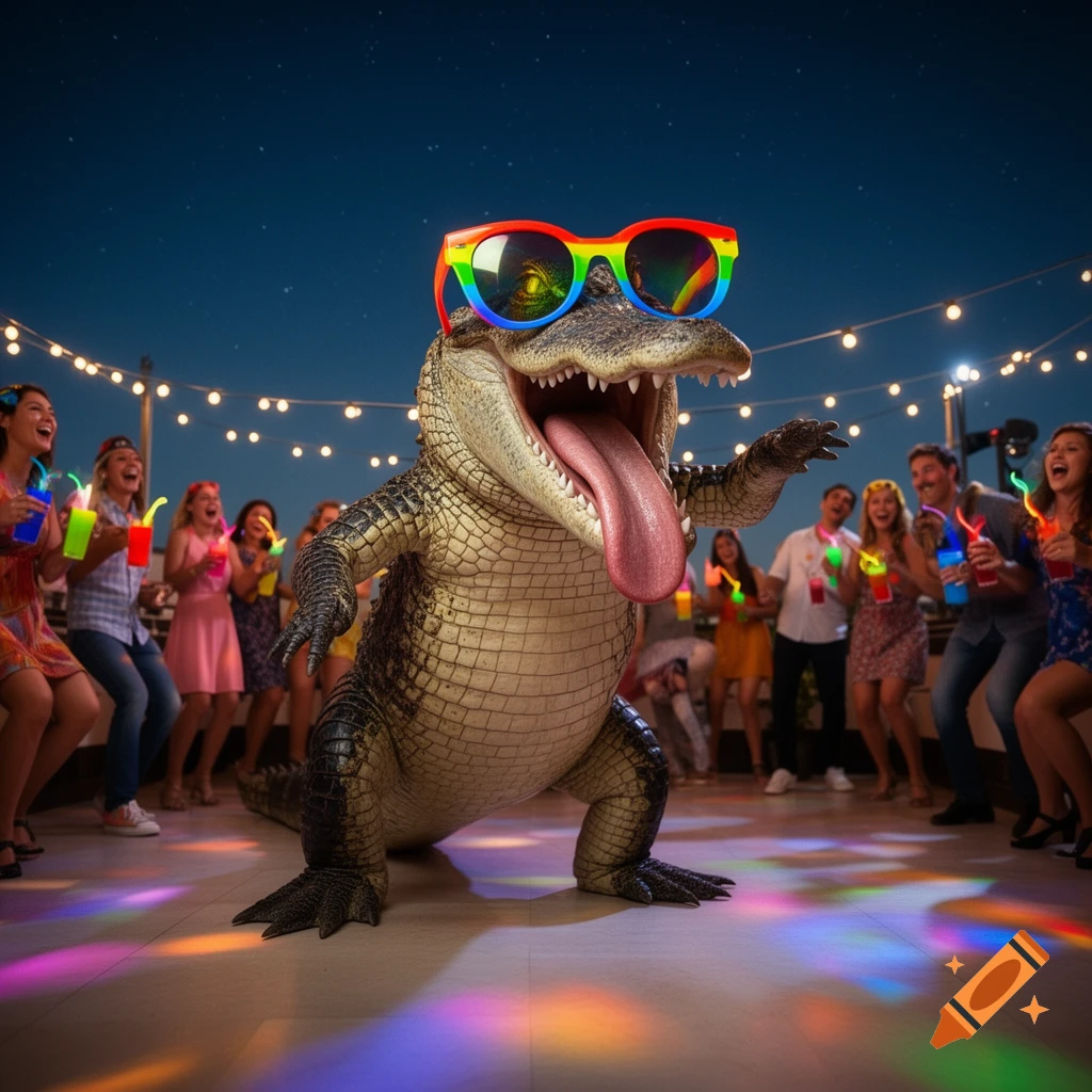 A photorealistic alligator with rainbow glasses and tongue out dances at a rooftop party with laughing people and colorful lights.