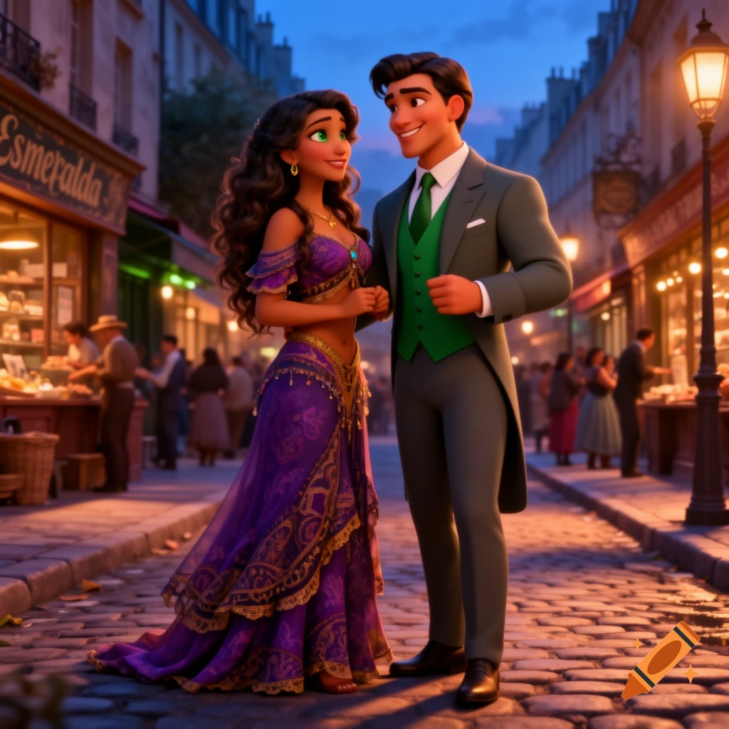 Animated Esmeralda in purple and Prince Naveen in a green suit gaze at each other on a charming cobblestone street at dusk.