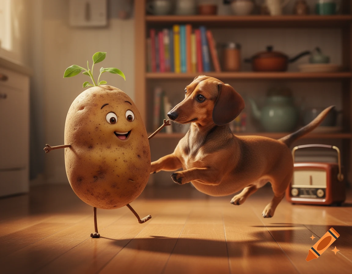 A cartoon potato with a sprout and a smiling face dances with a brown dachshund leaping playfully in a cozy room.