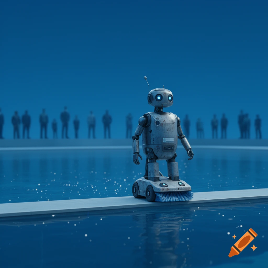 A retro-futuristic robot with glowing blue eyes stands on a platform over reflective blue water, with blurred human figures in the distance.