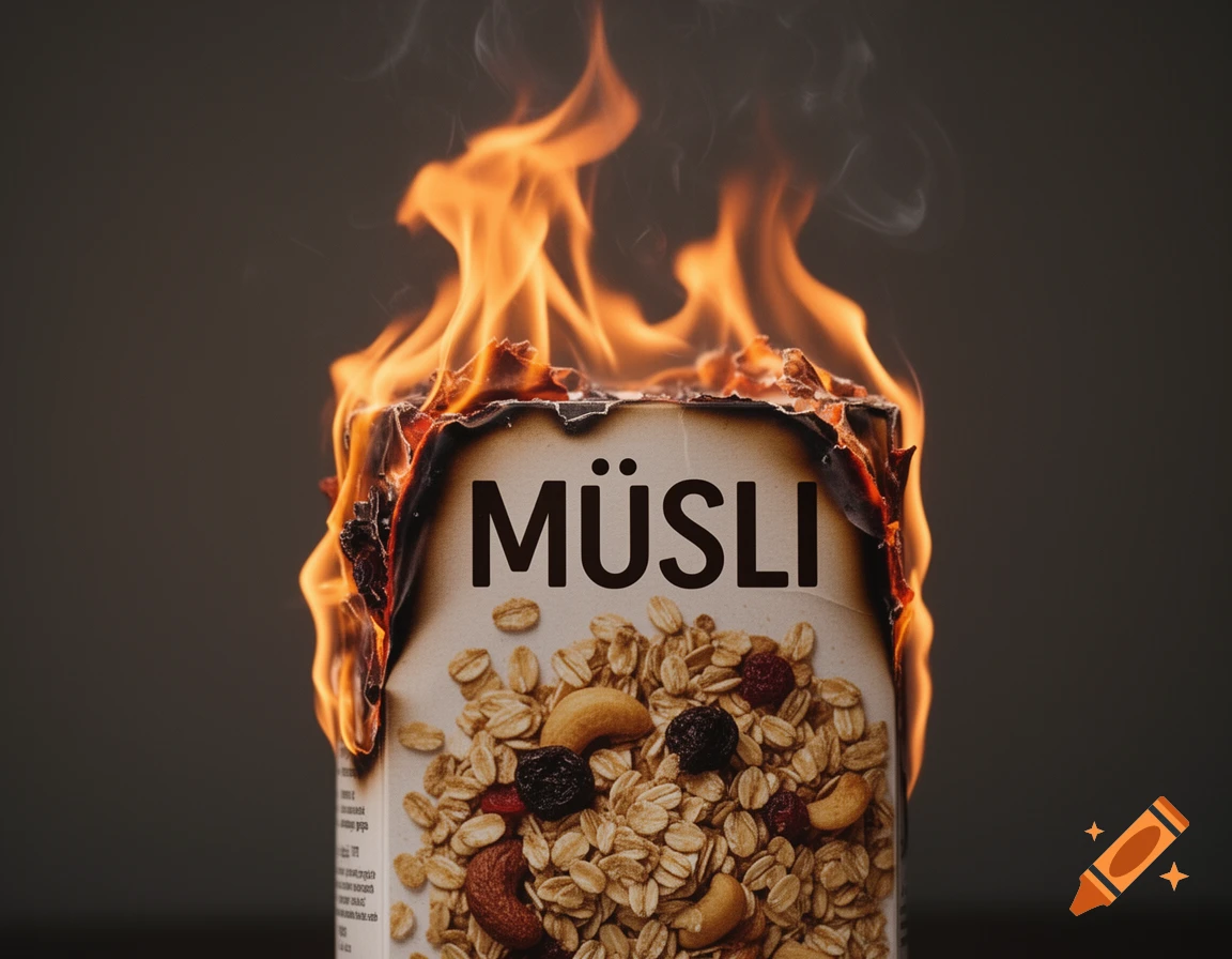 A burning box of muesli with visible cereal and bright orange flames against a dark background.