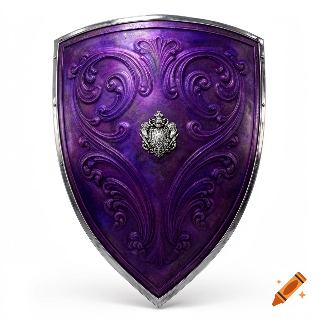 A detailed purple shield with silver trim, embossed scrollwork, and a central crest.