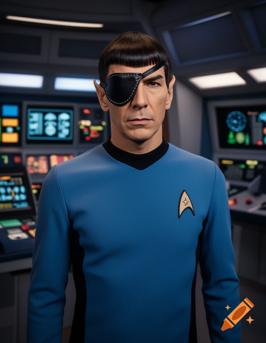 Photorealistic Spock from Star Trek in a blue uniform and black eyepatch, on a spaceship bridge.