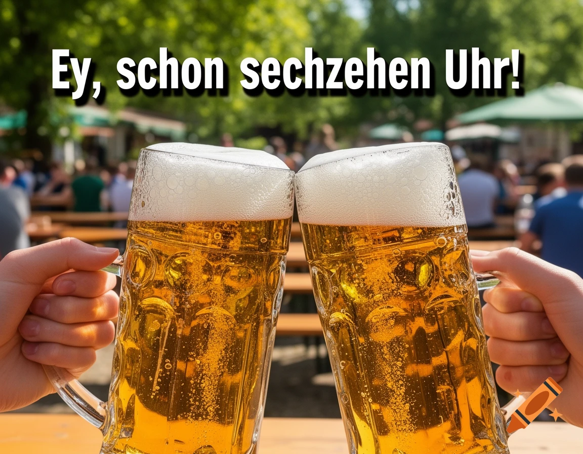 Two hands clinking large steins of foamy beer at an outdoor festival, with the German text "Ey, schon sechzehn Uhr!" above.