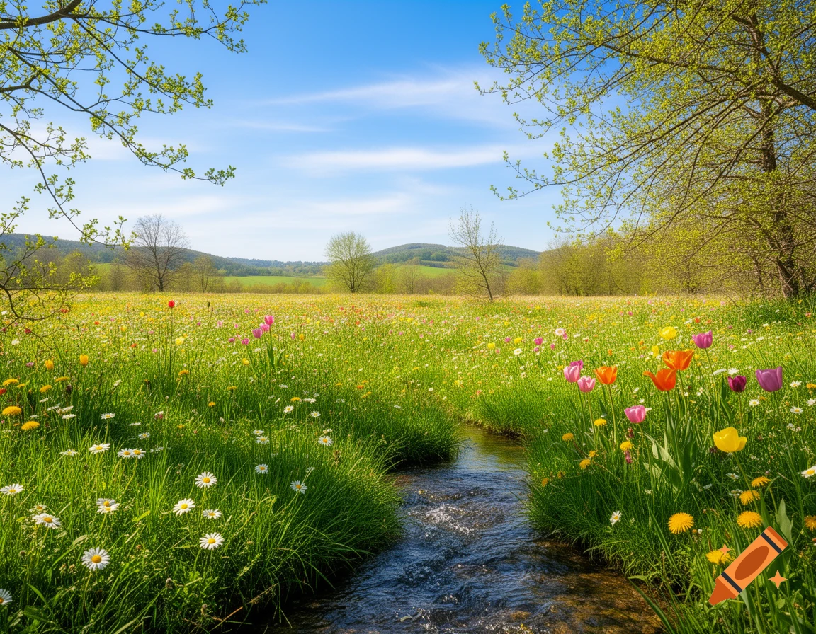 A vibrant spring landscape with a stream flowing through a lush green meadow filled with colorful wildflowers under a bright blue sky.