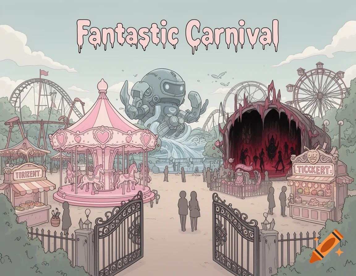 A stylized 2D drawing of a fantastic carnival with a pink carousel, a robot octopus water ride, and a dark, eerie horror attraction. The entrance has open gates, and shadowy figures populate the park under a light sky.