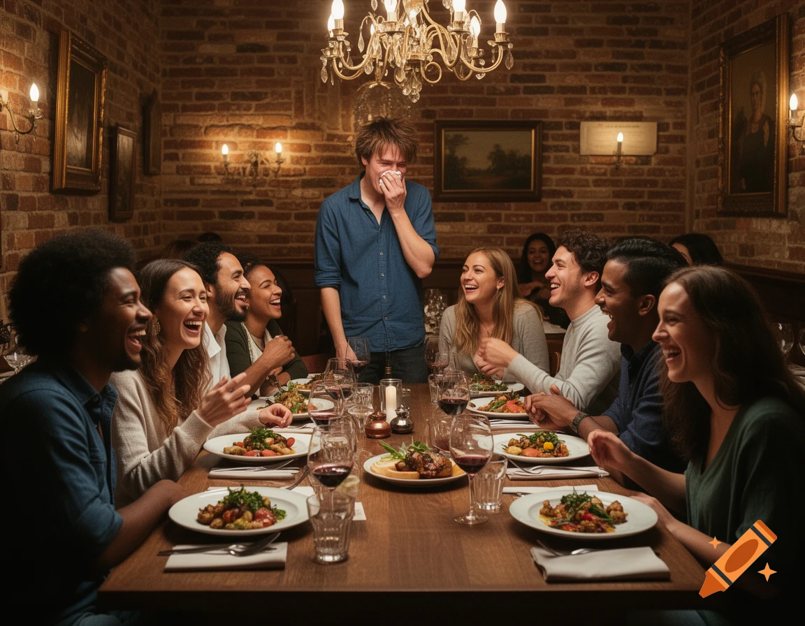 Diverse group laughing at dinner in a dimly lit, brick-walled restaurant, as one man in the background cries.