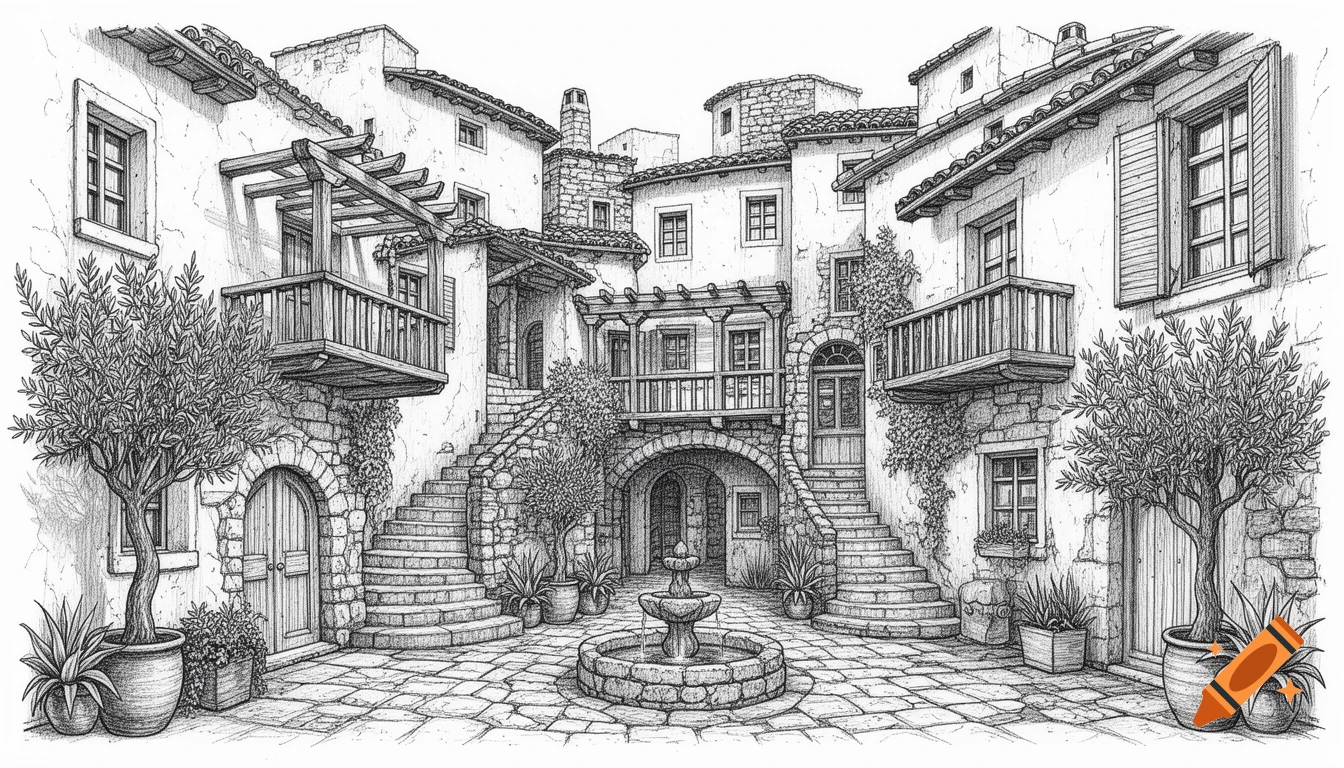 Detailed pen-and-ink illustration of a charming Mediterranean village courtyard with houses, balconies, stairs, and a fountain.
