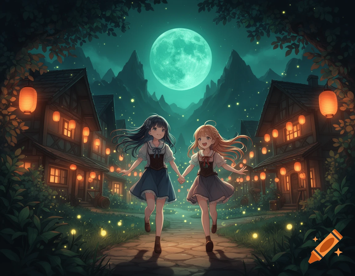 Two happy anime girls run holding hands on a lantern-lit path through a fantasy village at night, under a glowing moon with fireflies.