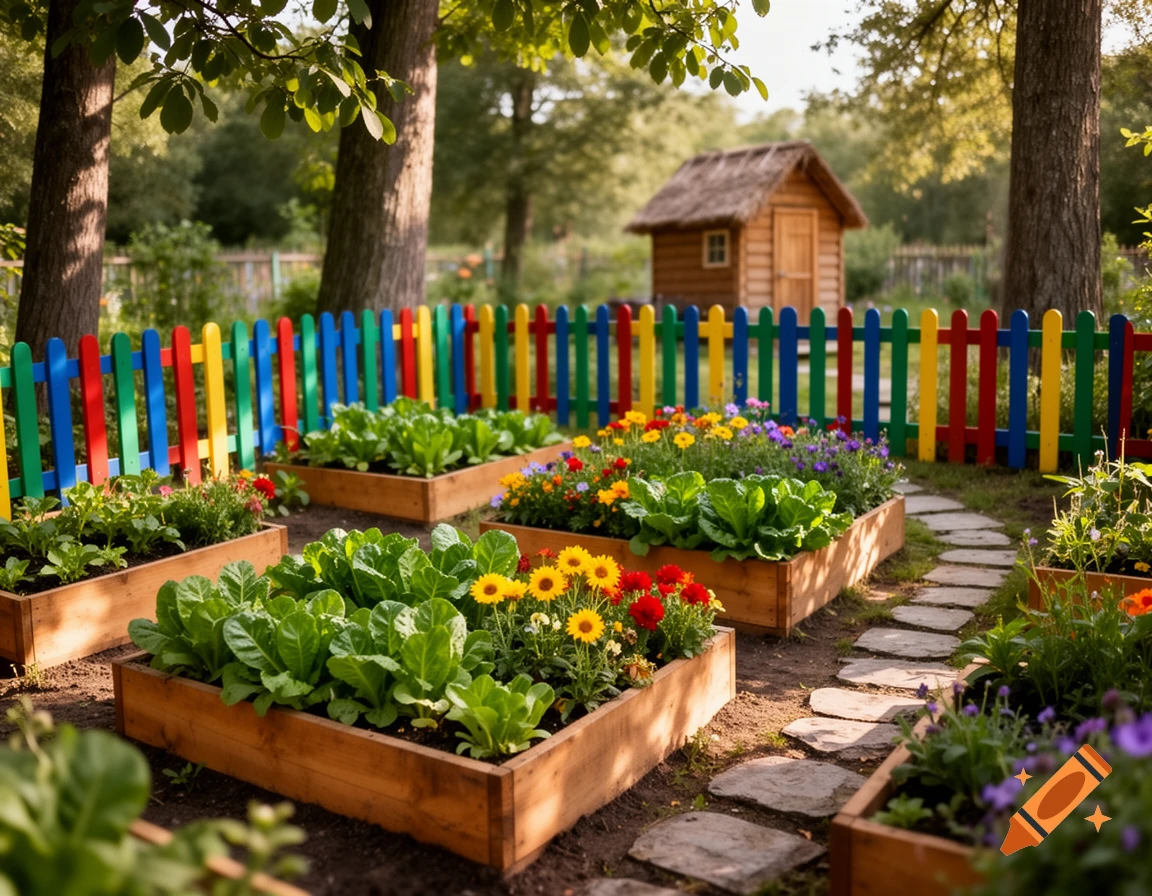A vibrant garden with raised wooden beds of vegetables and flowers. A colorful picket fence, small shed, and stone path are visible.