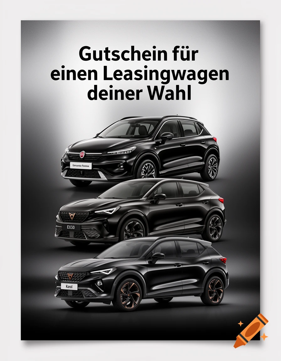 Three black modern cars stacked vertically on a gradient background with German text 'Gutschein f R einen Leasingwagen deiner Wahl' above.