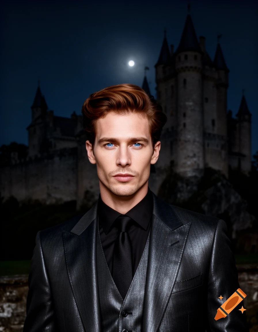 An elegant man with red hair and striking blue eyes in a black suit and tie stands before a dark castle under a full moon at night.