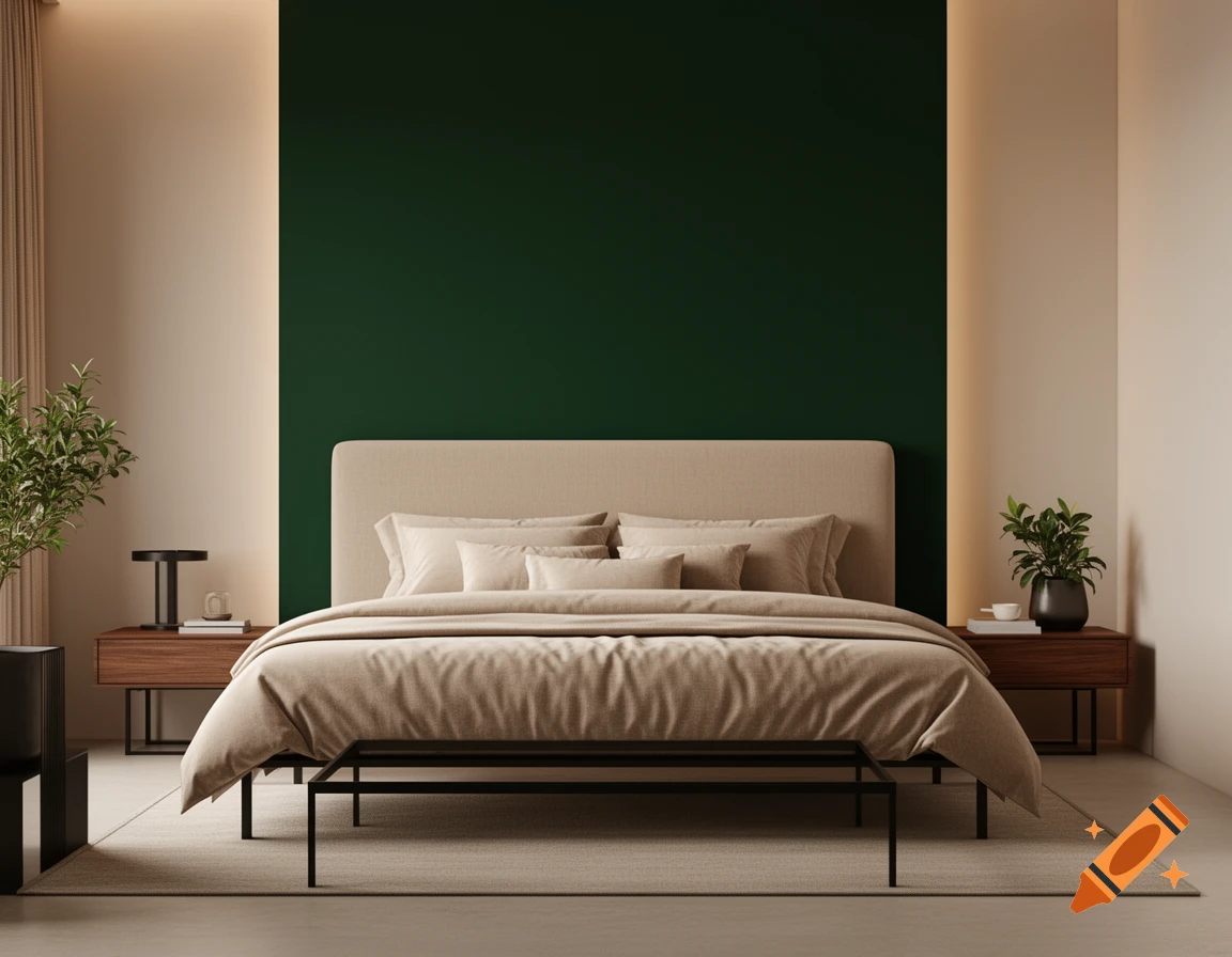Modern minimalist bedroom with a beige bed, dark green accent wall, warm wood nightstands, and subtle plants.