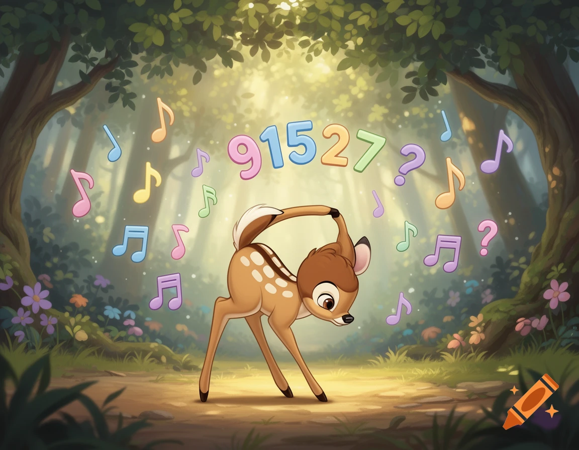 Bambi doing a backbend in a sunlit forest, surrounded by floating musical notes and the numbers '91527?' in a cartoon style.