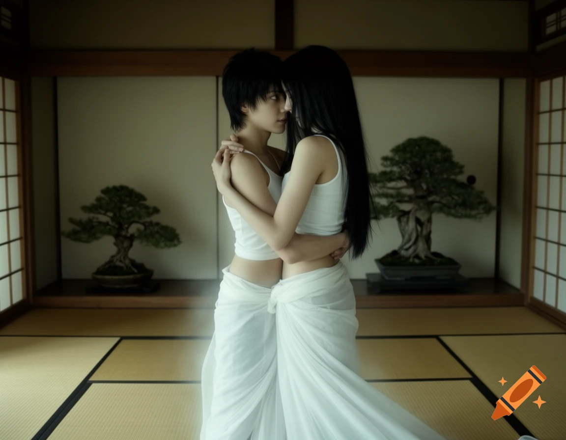 Two individuals in white tank tops and flowing sarongs embrace in a traditional Japanese room with bonsai trees. Photorealistic.
