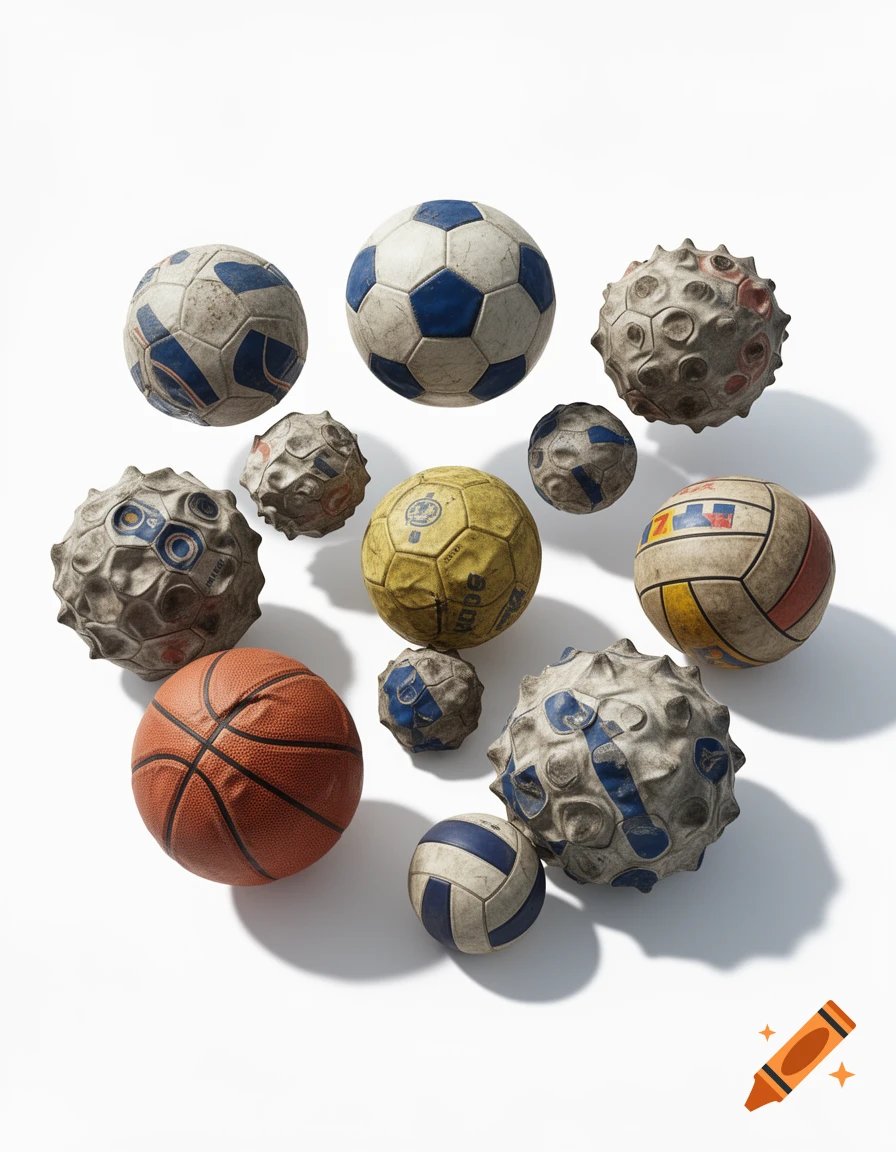 An overhead shot of several worn, dirty, and textured sports balls including soccer, basketball, volleyball, and spiky, abstract balls on a white background.