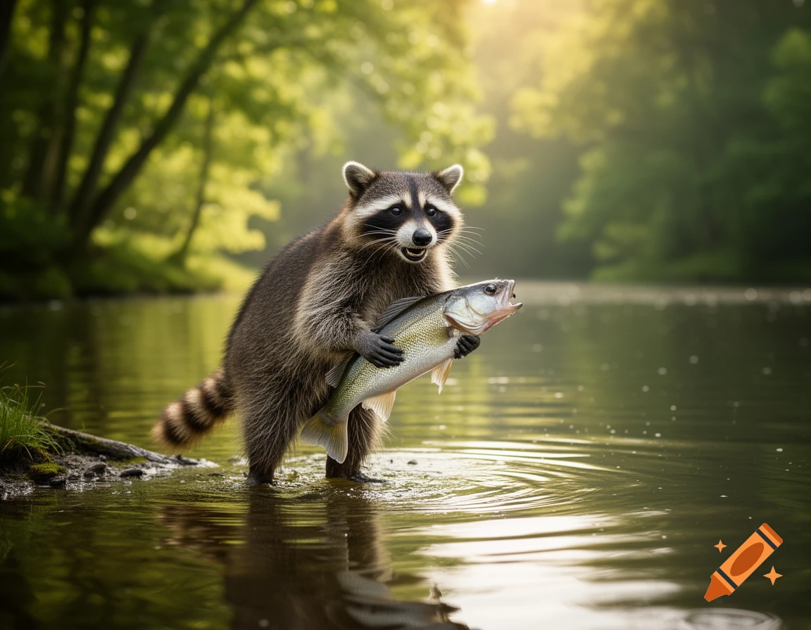 A photorealistic raccoon stands in a sunlit stream, holding a freshly caught fish.