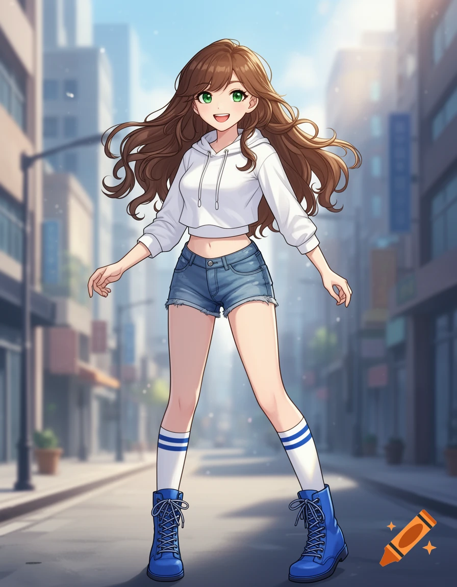 Anime girl with long brown hair, green eyes, white cropped hoodie, denim shorts, striped socks, blue boots, smiling on city street.