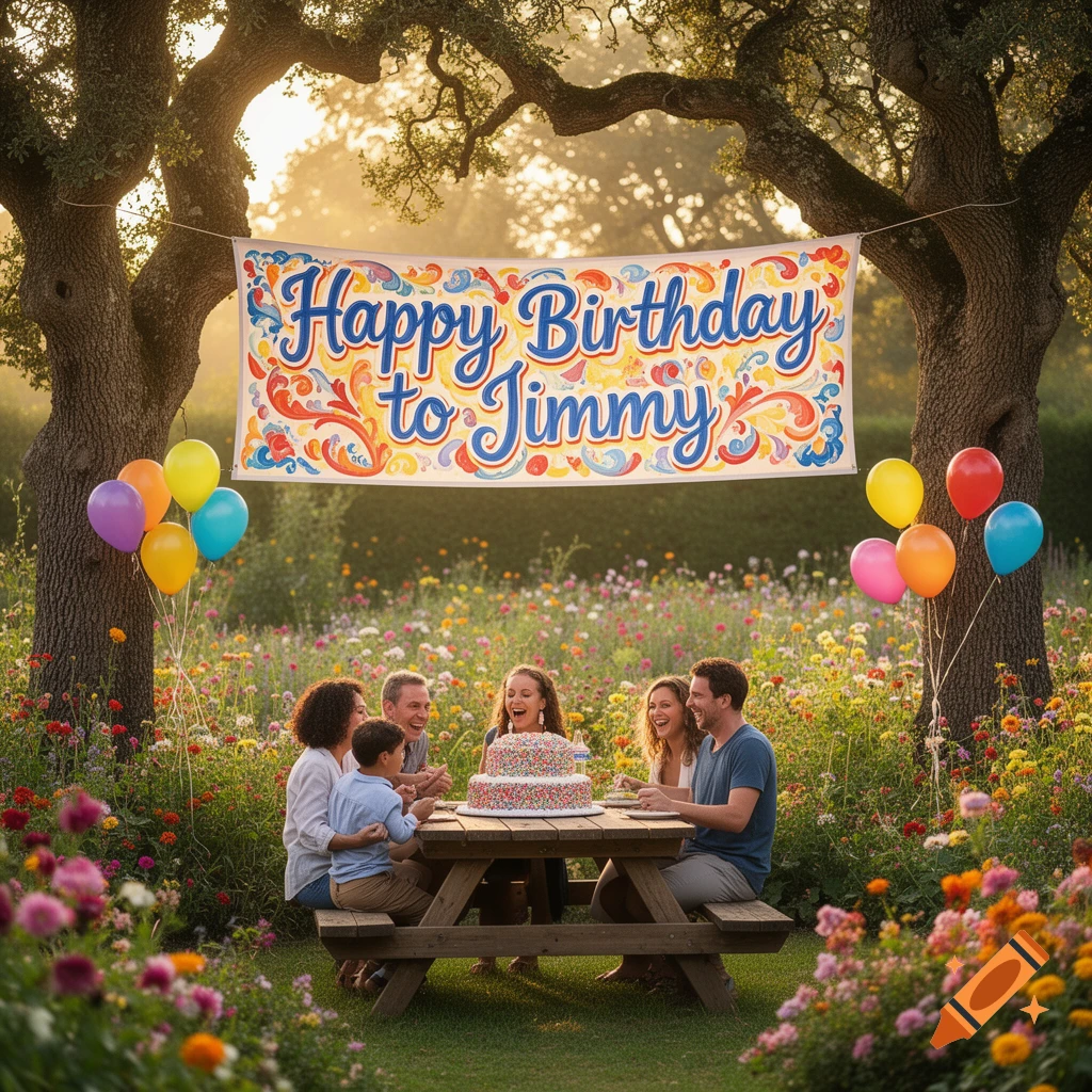 A family celebrates a birthday with a cake at a picnic table outdoors in a wildflower field, under a banner reading 'Happy Birthday to Jimmy'.