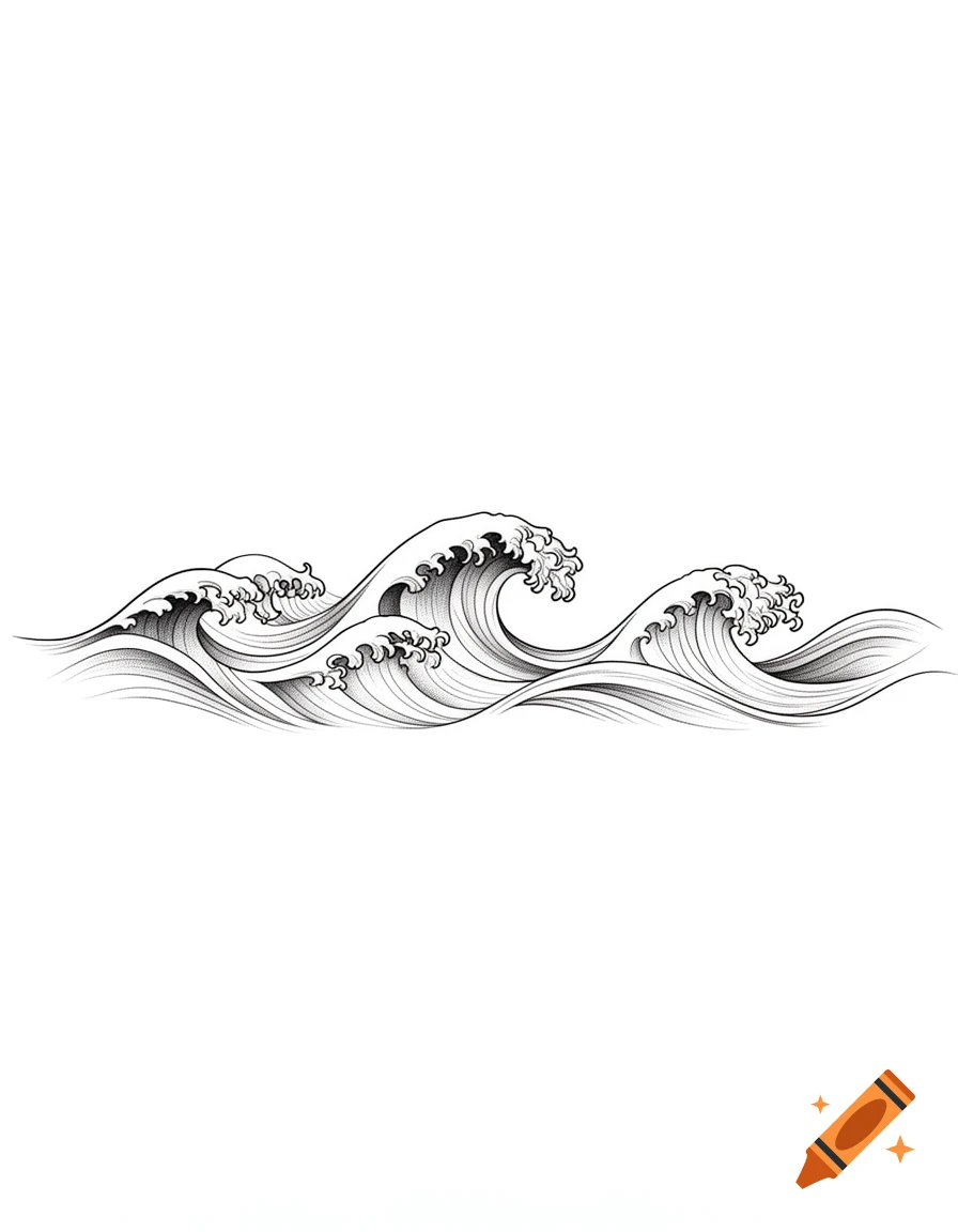 A black and white fine line illustration of several stylized ocean waves cresting on a white background.