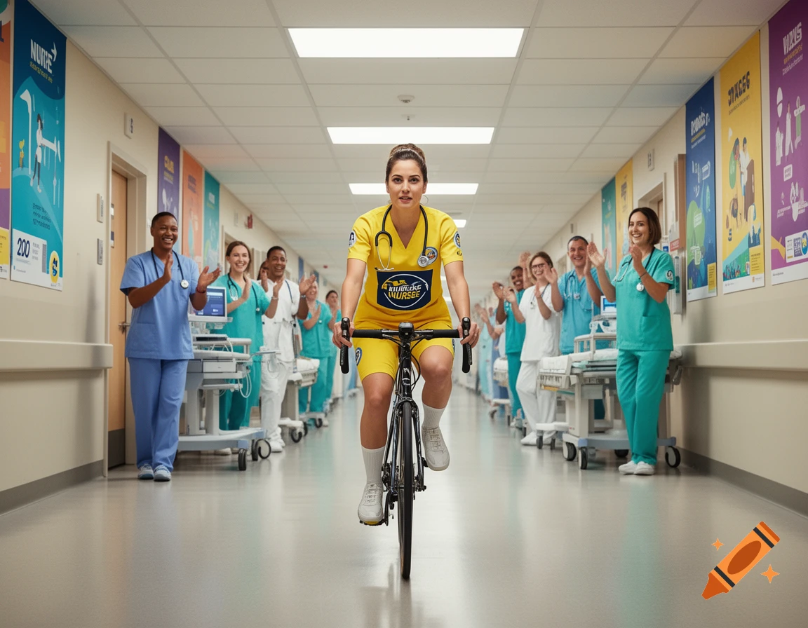A female cyclist in a yellow nurse's uniform bikes down a hospital hallway, cheered on by smiling medical staff.