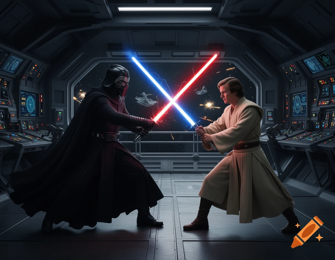 A photorealistic image of Kylo Ren and Obi-Wan Kenobi dueling with red and blue lightsabers on a futuristic spaceship bridge in space, with battle scenes visible through the window.
