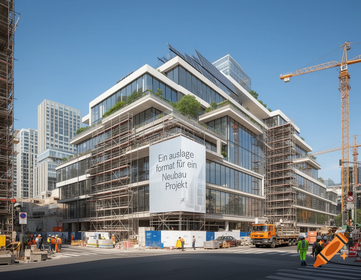 Photorealistic view of a modern building under construction with scaffolding, green terraces, solar panels, workers, and cranes.